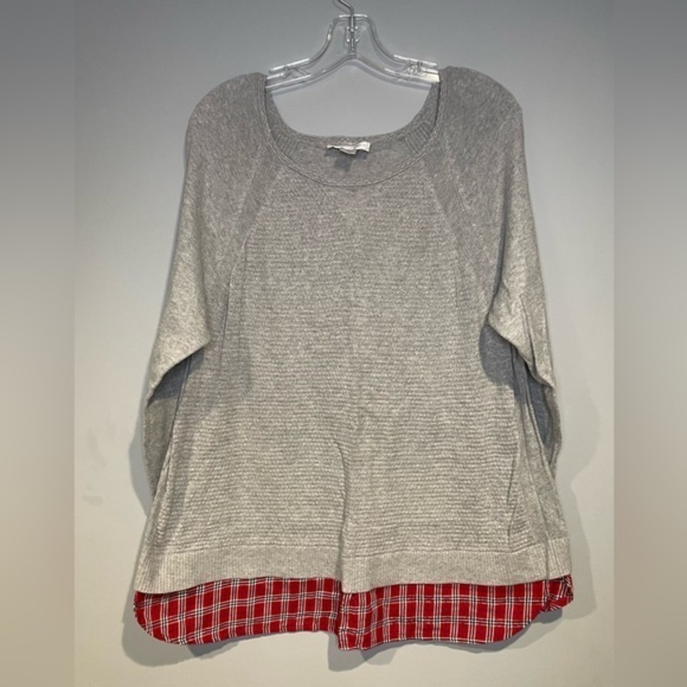 Christopher & Banks Grey Sweater Red plaid Holiday 100% Cotton Stretch Size XL